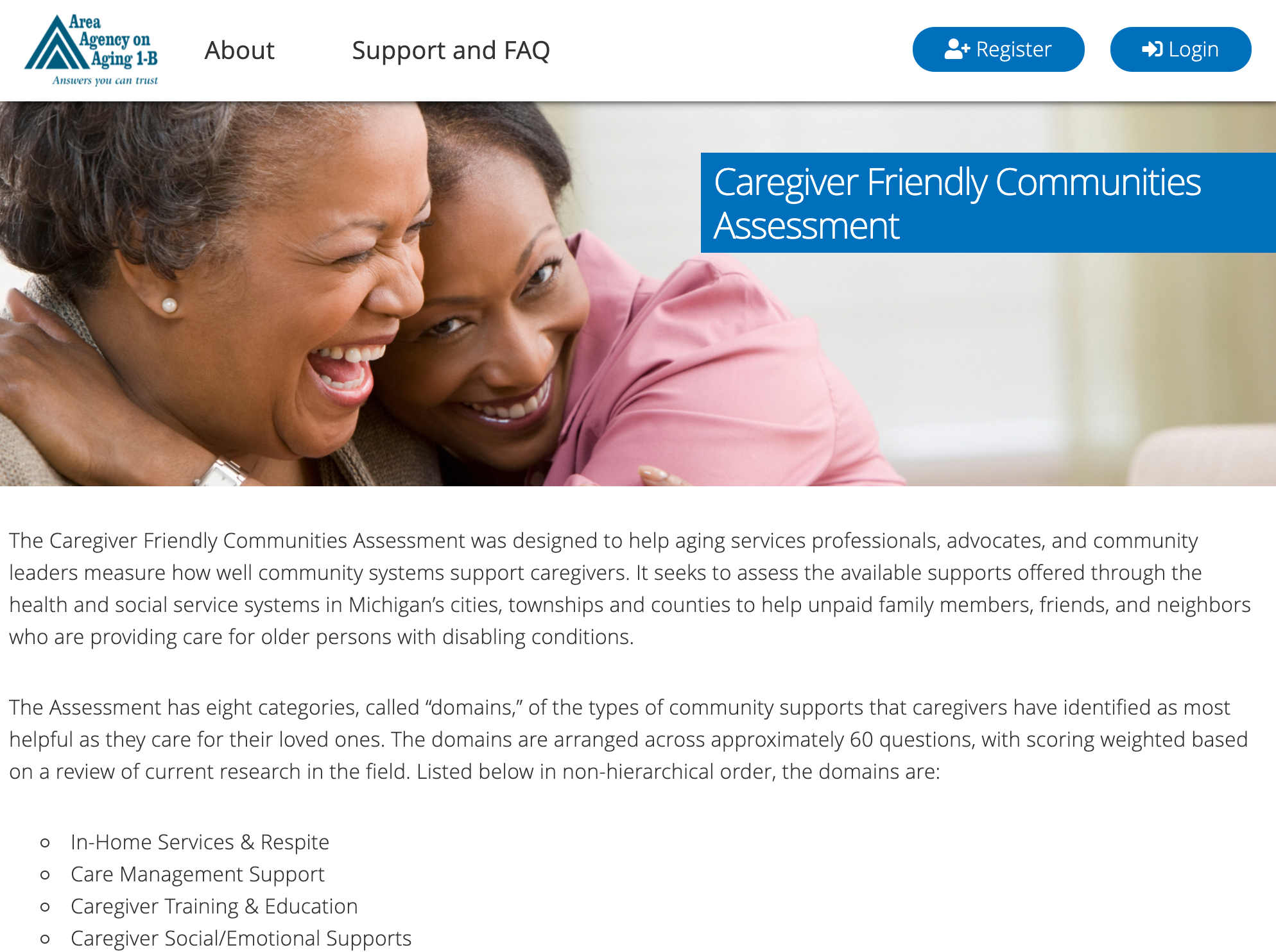 Screenshot of the Area Agency on Aging 1-B Creating Caregiver Friendly Communities Assessment.