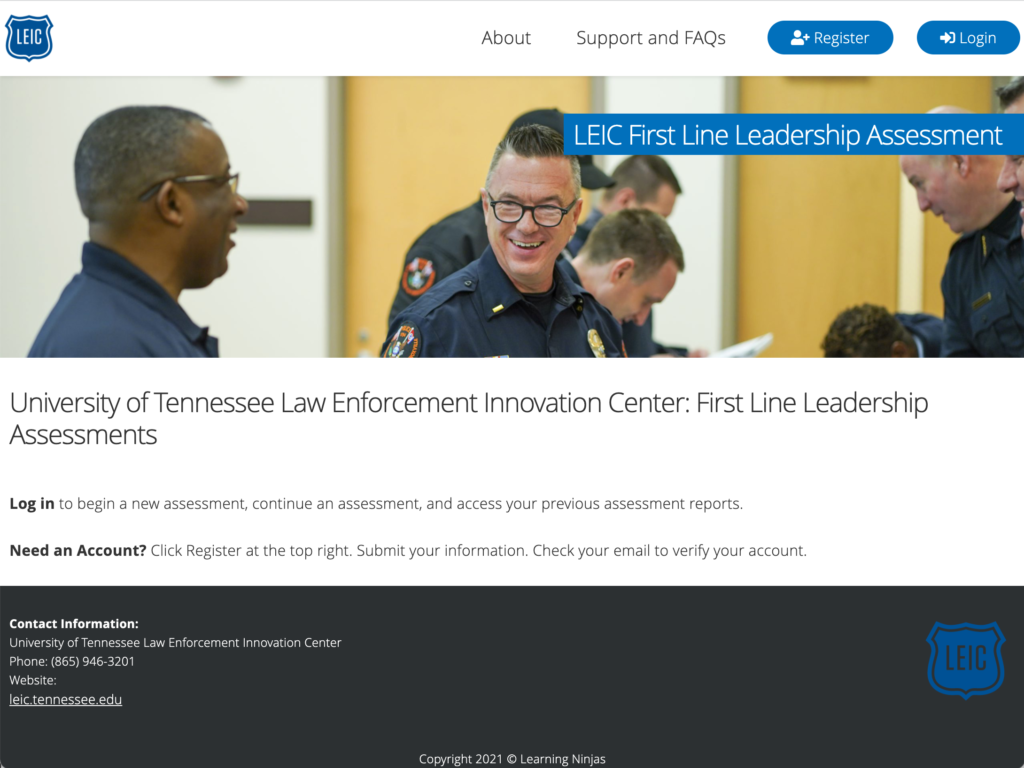 Screenshot of the landing page for the LEIC First Line Leadership custom assessment with a registration and login button.