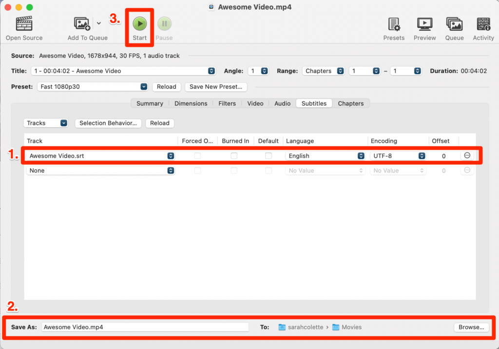 The selected .srt file is highlighted first. Then, the Save As: area with the designated file path is highlighted second. The Start button is higlighted third.