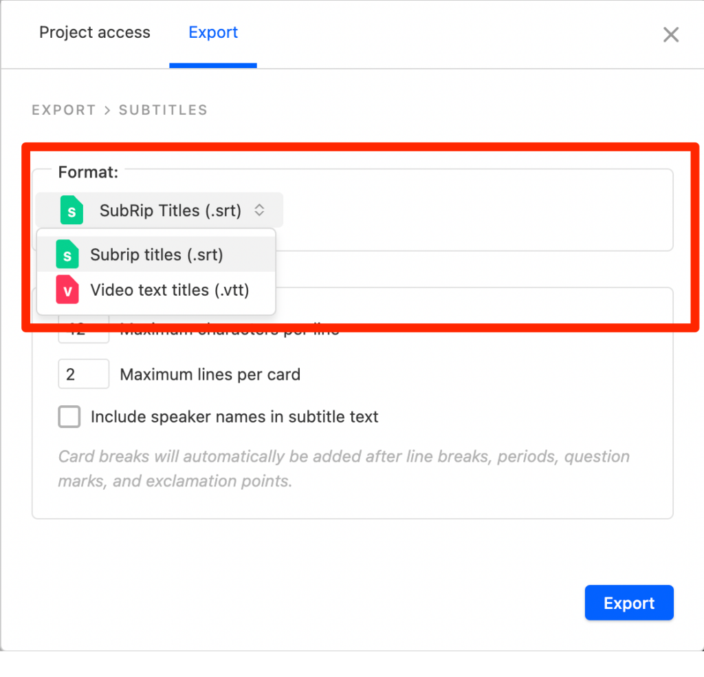 Export > Subtitles dialogue box in Descript with the Format drop-down options .srt and .vtt highlighted.