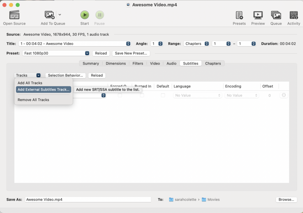 HandBrake Subtitles page with Tracks drop-down menu expanded and Add External Subtitles Track... selected.