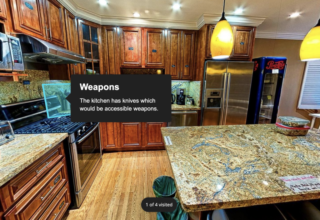 Screenshot in Articulate Storyline of interactive image of a kitchen where knives sitting on the counter are selected and indicate that they can be used as a weapon.