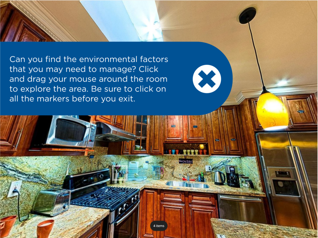 360 degree interactive image of a kitchen with instructions to explore the room for environmental factors