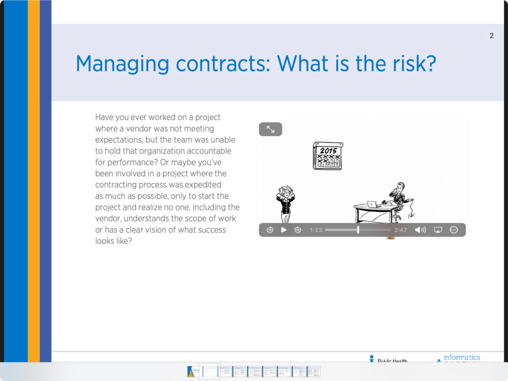 First page in an interactive ebook titled "Managing contracts: What is the risk?" with a paused video beside some instructional content.