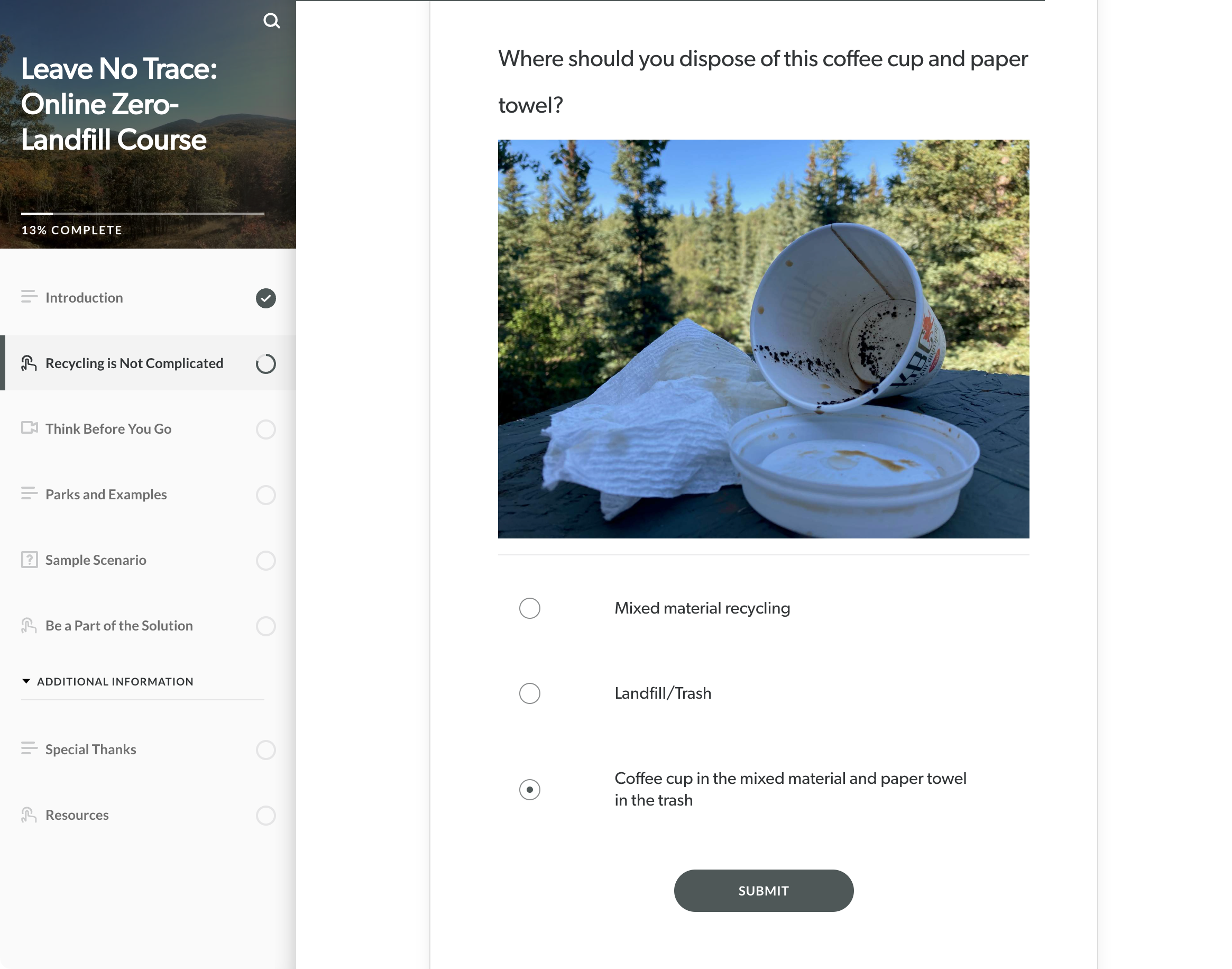 Leave No Trace: Zero Landfill course on the "Recycling is not complicated" page showing an image of a used coffee cup and paper towel with the question, "How would you dispose of this coffee cup and paper towel?"