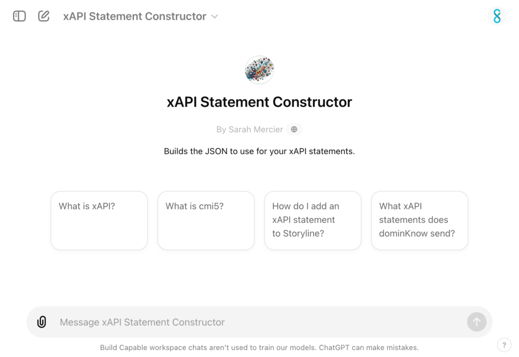 Screenshot of the xAPI Statement Constructor GPT chat landing page