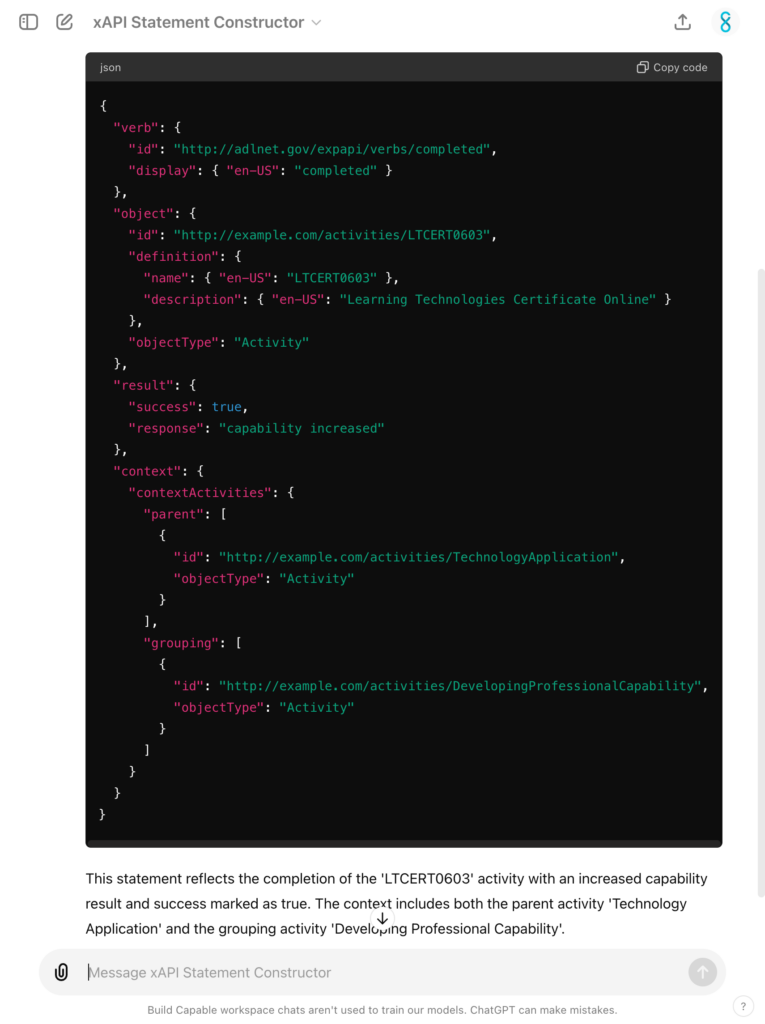 Screenshot of the xAPI Statement Constructor chat with the xAPI JSON response