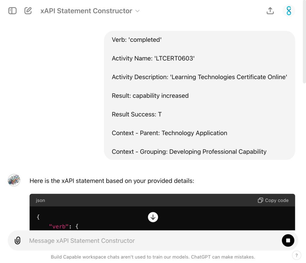 Screenshot of the xAPI Statement Constructor chat with the xAPI prompt request submitted