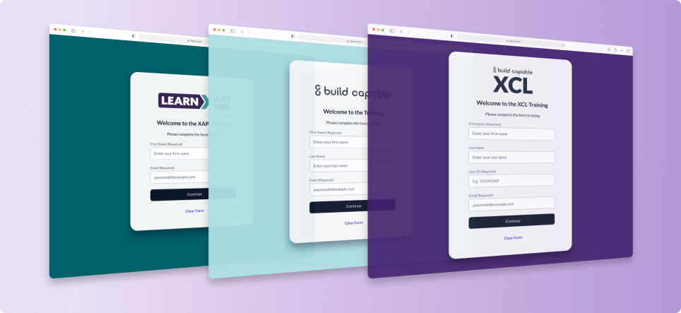 Screenshot of three different XCL Learning Link landing pages for different brands, including Learn xAPI, Build Capable, and XCL