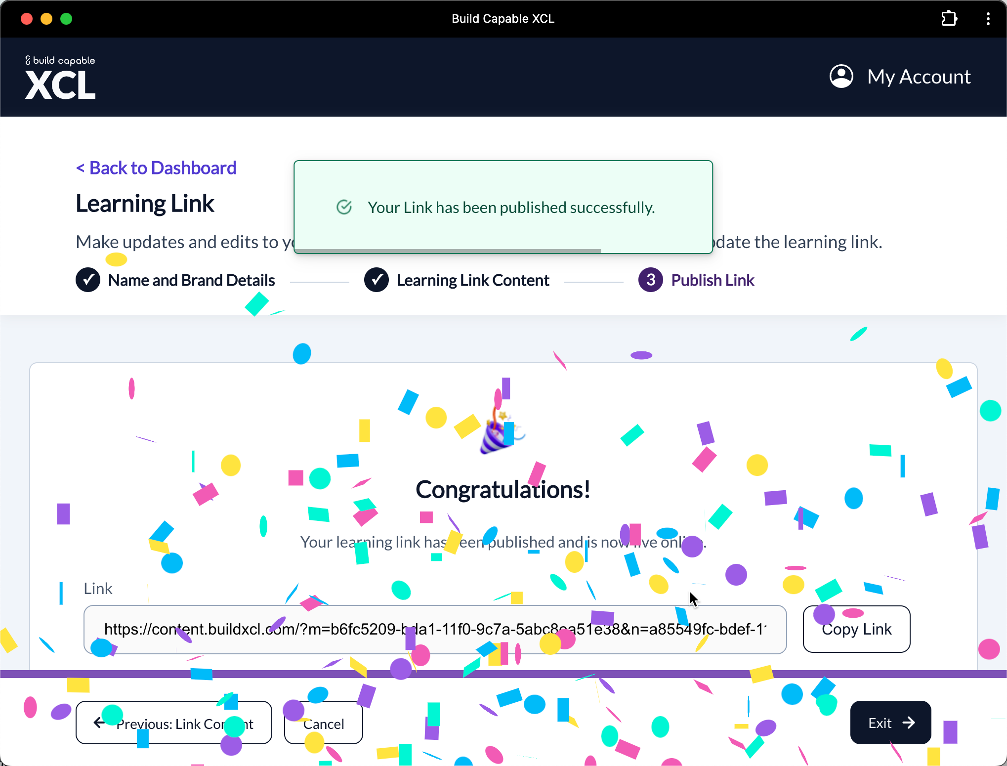 Screenshot of the Build Capable XCL Sandbox Publish Link page with confetti.