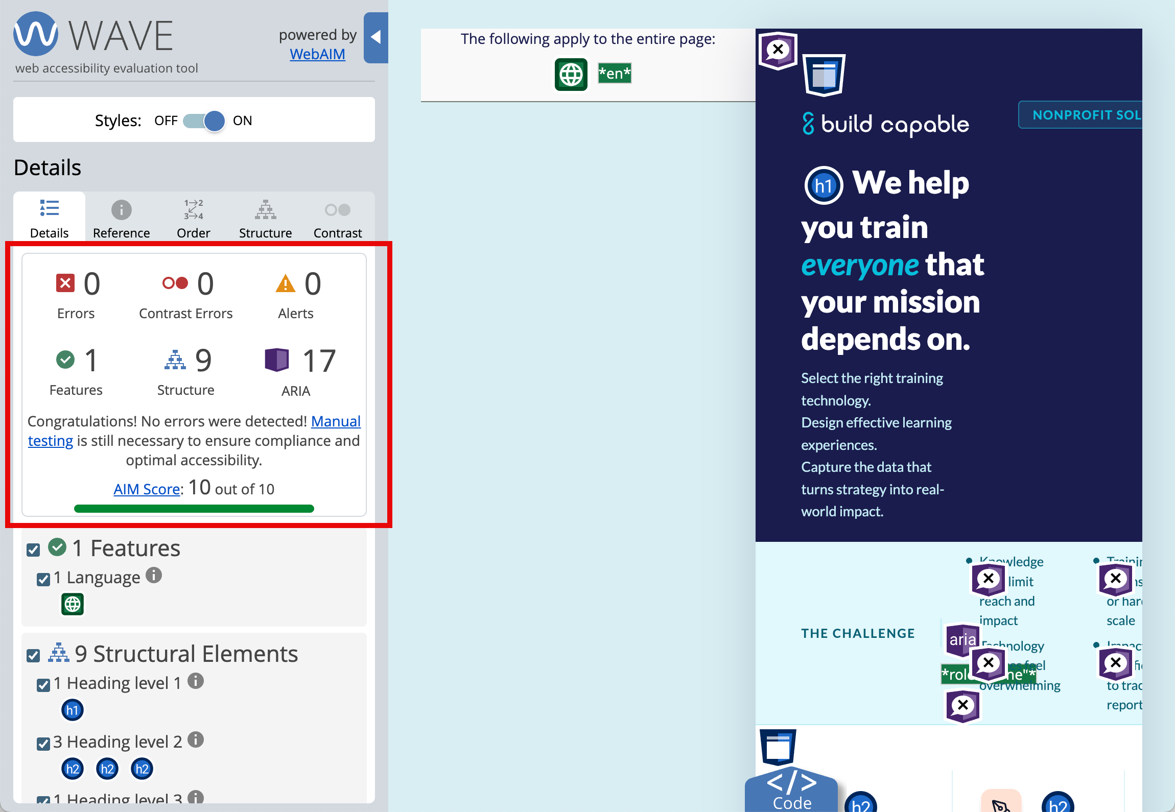 Screenshot of the WAVE accessibility checker results when scanning the one pager.